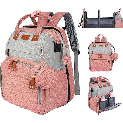JOYCE Diaper Bag Backpack, with Changing Table Backpack, 900D Oxford Cloth, Large Capacity Diaper Backpack, 3 in 1 Multifunctional Travel Baby Diaper Backpack (pinkish gray)