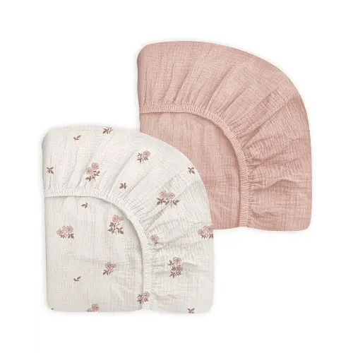 Pack and Play Sheets for Baby Boy and Girl 2 Pack, Neutral Muslin Cotton Pack N Play Mattresses Sheet 27"x39", Muslin Nursery Bedding Soft and Breathable Comfort (Vintage Blossom & Pink)