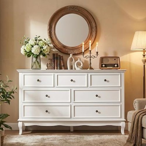 FansaFurn Farmhouse 7 Drawers Dresser for Bedroom, 55" Wide Solid Wood Chest of Drawers, Vintage Design Storage Dressers Organizer for Bedroom, Living Room, Home Office (1, White)