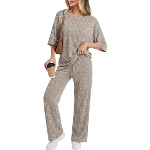 Addtoo Conjunto de 2 piezas para mujer, pijama de punto acanalado de manga corta con bolsillos