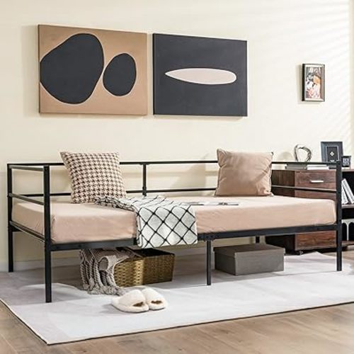 Giantex Metal Twin Daybed Frame, Day Bed with Metal Slat Support & 3-Sided Guardrails, 2-in-1 Space-Saving Sofa Bed for Living Room Guest Room, No Box Spring Needed, Black