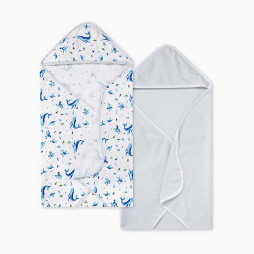 Burt's Bees Baby Organic Single-Ply Hooded Towel (2 Pack) - Whale Of A Tale