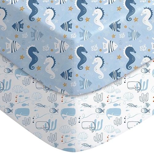 Yoofoss Baby Crib Sheets for Boys Girls, Fitted Crib Sheet 2 Pack for Standard Crib and Toddler Mattress, Super Soft Microfiber Baby Sheet 28x52x8in Underwater World