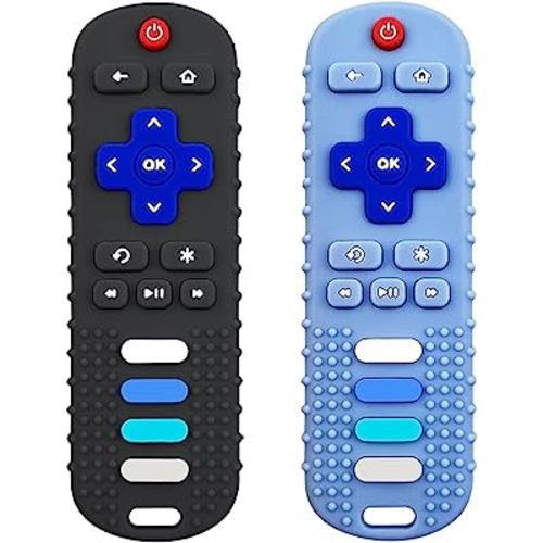 Baby Teething Toys, Food Grade Silicone Teether for Babies 3 6 12 18 Months, TV Remote Shape Toddlers Chew Toys, Freezer BPA Free (Black+Blue)