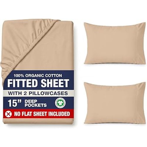 LANE LINEN Full Fitted Sheet Set (No Flat Sheet) - 100% Organic Cotton Soft & Breathable Percale Weave Fitted Sheet Set for Added Comfort - 15'' Deep Pocket for Snug Fit - GOTS Certified - Taupe