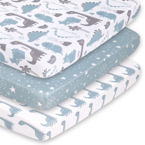 The Peanutshell Pack n Play, Mini Crib, Portable Crib or Fitted Playard Sheets for Baby Boy, Blue Dino, 3 Pack Set