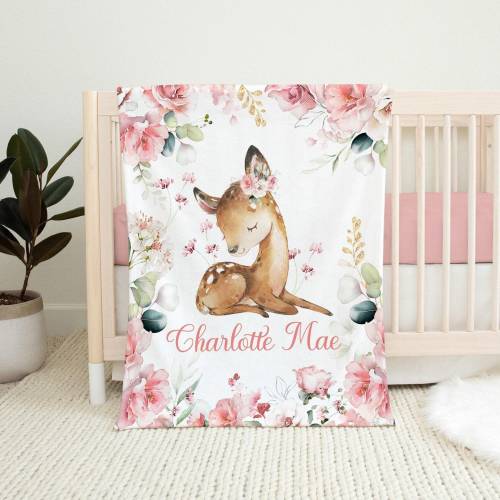 BABY GIRL PERSONALIZED Deer Blanket, Custom Name Toddler Girl Blanket, Newborn Girl Custom Baby Gift Pink Floral Woodland Girl Name Blanket