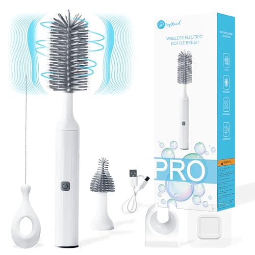 Electric Baby Bottle Brushes USB Rechargeable, Waterproof Bottle Cleaner Brush Wall-Mounted, with Silicone Bottle/Pacifier/Straw Brush, Two-Speed Cleaning Mode, 360° Rotating Cleaning, 1200mAh, Grey