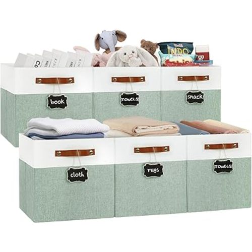 13x13 Storage Cubes 6-Pack, Large Foldable Fabric Cube Storage Bin with Reinforced Bottom and Labels, Organizer Baskets for Shelves, Closets(White/Green)
