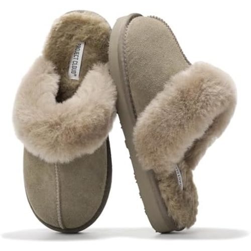 Project Cloud Slippers for Women - 100% Genuine Suede Womens Slippers, Non-Slip Fur Women's Slippers Womens Shoes, Women's Clogs House Slippers Memory Foam Clogs for Women Footwear (Henka)