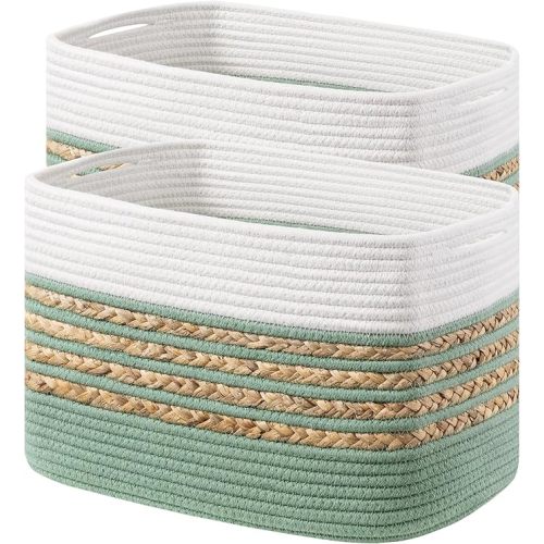 UBBCARE 2 Pack Baskets for Organizing, Woven Storage Baskets for Toys and Towel, Rectangle Cotton Rope Basket with Handles, 14''L x 8''W x9''H, Green
