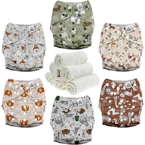 Mama Koala 3.0 Cloth Diapers for Babies with AWJ Lining, 6 Pack with 6 Natural Cloth Diaper Inserts - Reusable and Washable Pocket Diapers (Animals in The Forest)