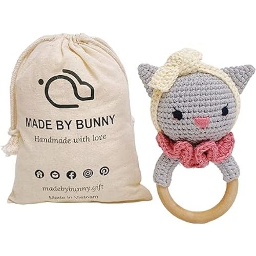 Bunny - Tuban Cat Rattle, Eye-catching Colored Toy for Toddlers, Handmade Woolen Toys with Non-Irritant, No Odour, Baby Wooden Teethers