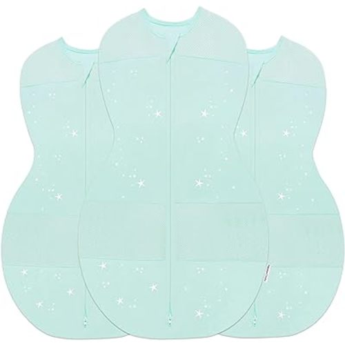 Happiest Baby Sleepea 5-Second Swaddle - 100% Organic Cotton Baby Swaddle Blanket - Doctor Designed Promotes Healthy Hip Development - 3-Pack Bundle (Teal Stars, S, M, L)