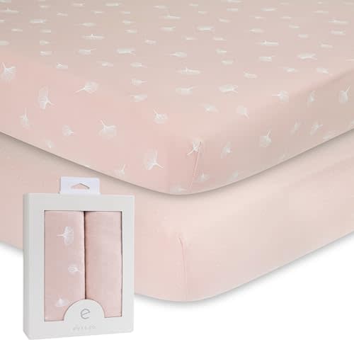 Ely’s & Co. Crib Sheet 2-Pack — Combed, 100% Jersey Cotton for Baby Girl — Rosewater Pink, Pin Dots & Gingko Leaves 52” x 28”