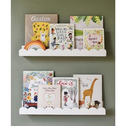 Floating Nursery Book Shelves Wall | Pair of 24in Scalloped White Nursery Book Shelves for Kids Room | Cloud Shelves | Easy to Install Baby Bookshelf for Nursery | Nursery Shelves for Wall