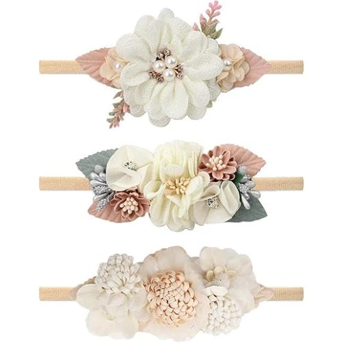 VOBOBE Baby Girl Nylon Headbands Infant Flower Elastic Hair Band Bows Wraps For Newborn Toddler Hair Accessories Pack of 3 (C-Beige)