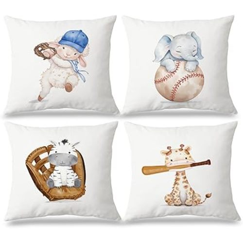 JINYO Baseball Animal Nursery Pillow Covers 18x18 Set of 4,Baseball Decorative Pillow Covers for Living Room Bedroom Home, Sports Sheep Giraffe Elephant Zebra for Boys Kids Bedroom Playroom Decor