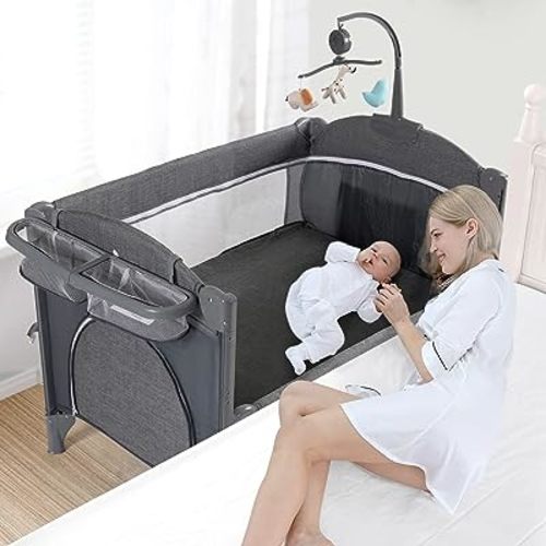 Jaoul 5 in 1 Baby Crib, Baby Bassinet Beside Sleeper, Pack and Play with Bassinet and Changing Table Portable Travel Baby Playpen with Toys & Music Box, Mattress for Boy Girl Infant Newborn Gray