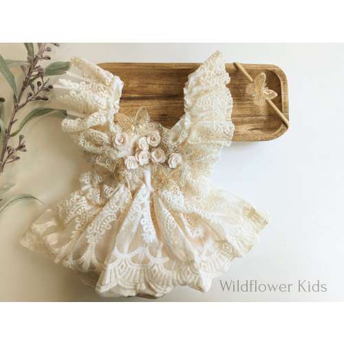 Girls ivory-cream butterfly princess romper dress with butterfly detail, Cake Smash-1st Birthday, butterflies, girls infant, toddler