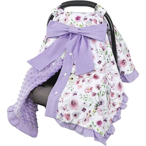 Baby Car Seat Cover, Soft Minky Warm Winter Car Seat Canopy with a Bow for Infants & Toddlers, Opening with Adjustable Strap, Breathable Nursing Cover & Stroller Blanket, Purple Flowers