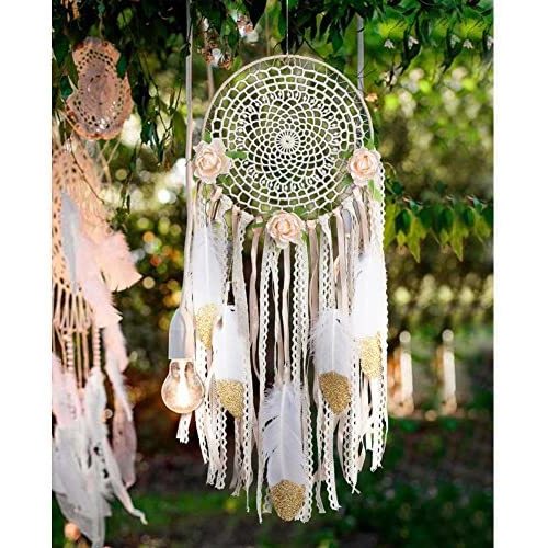 AerWo Boho Dream Catcher for Bedroom, Handmade White Gold Feather Flowers Dream Catchers for Girls Kids Nursery Bedroom Wall Decor Festival Gift ( Dia 7.8" Length 20")