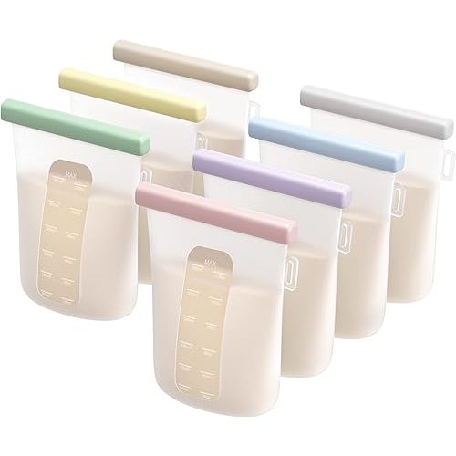 Nuliie 7 Pcs Reusable Silicone Breastmilk Storage Bags, 12oz/360ml Double Leak-Proof Breastmilk Freezer Bags, BPA Free Self-Standing Milk Bags for Breastfeeding, Baby Food Pouches