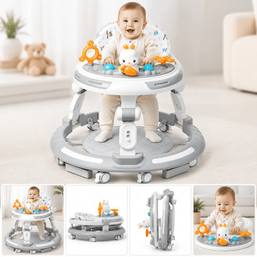 4-in-1 Foldable Baby Walker with Wheels, Height Adjustable Activity Center & Push-Along Mode, 360° Swivel Casters, Removable Feeding Tray, 6-18 Months