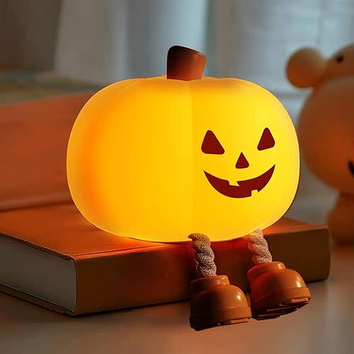 Pumpkin Night Light for Kids Cute Jack O Lantern Halloween Pumpkin Decor Nightlight for Baby Nursery Toddler Squishy Pumpkin Lights Cordless Rechargeable Dimmable Silicone Bedside Lamp Halloween Gifts