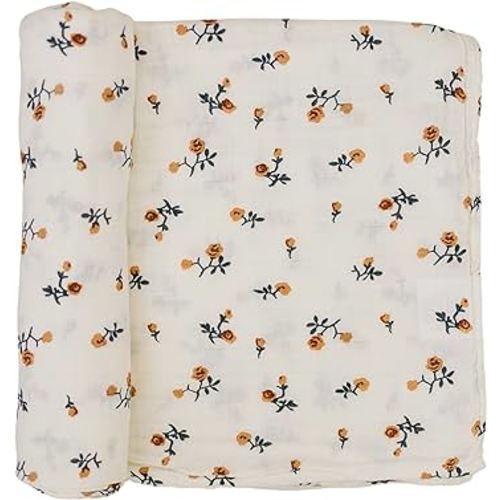 Mebie Baby Cream Floral Muslin Swaddle, Modern and Neutral Swaddle Blanket for Baby Girl or Boy, Soft Baby Blankets, Newborn Swaddle Blanket, 0-3 Month, Comfy Wrap, Baby Essentials & Gifts