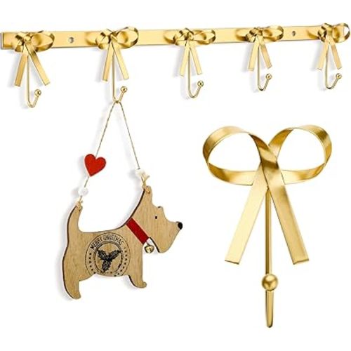 Tioncy 5 Bow Wall Hook Hanger for Robes Coat Hat Knot Bow Hooks Brass Wall Decorative Hooks for Valentine Bathroom Living Room Kitchen Decor(Gold)