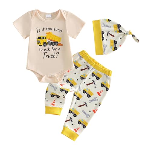 SAYOO Newborn Baby Boy Tractor Clothes Cotton Funny Letter Bodysuit+Truck Leggings Hat Farm Baby Shower Coming Home Outfit