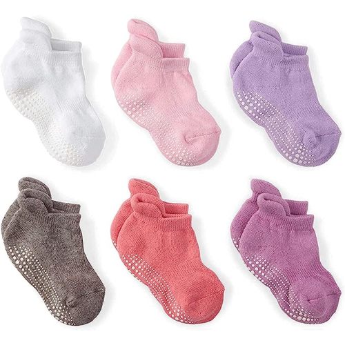 LA ACTIVE Non Slip Grip Ankle Boys and Girls Socks with Non Skid for Babies Toddlers and Kids Back to School - 6-12 Months - Pinks - 6 Pairs