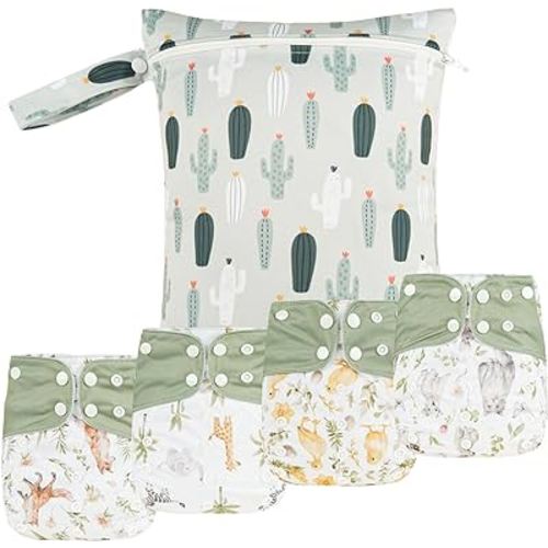 HappyFlute 9 Sets Newborn Baby Cloth Pocket Diapers Adjustable Reusable for Baby Boys and Girls(6-33 pounds,0-3 Years),One Wet Bag+4Diapers and 4Inserts (AD10)