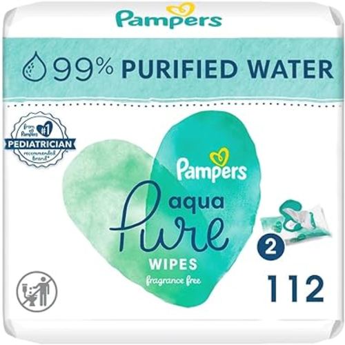 Pampers Aqua Pure Sensitive Baby Wipes, 99% Water, Hypoallergenic, Unscented, 2 Flip-Top Packs (112 Wipes Total)