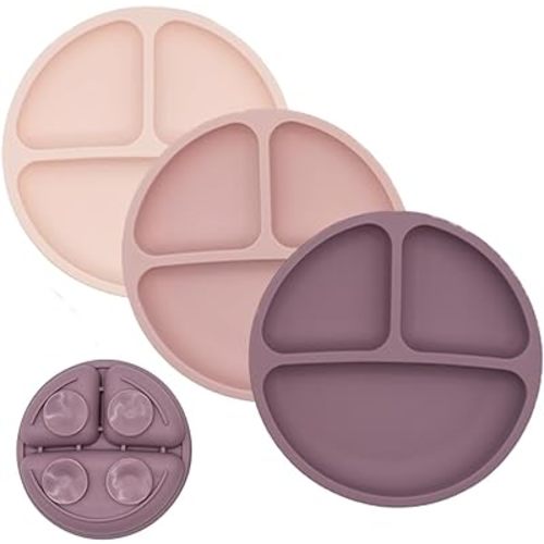 WeeSprout Suction Plates for Babies & Toddlers - 100% Silicone, Dinnerware Stays Put, Divided Design for Picky Eaters, Microwave & Dishwasher Friendly, 3 Pack (Matte Pink, Purple & Blush Pink)