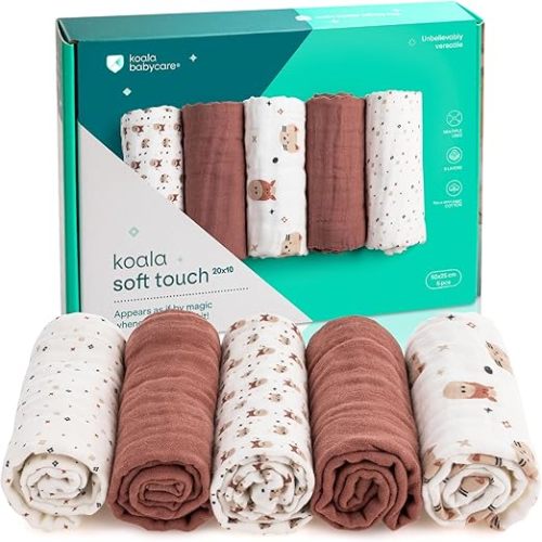 Koala Babycare 5 Pack 20"x10" Organic Burp Cloths for Baby Boys and Girls - GOTS & OEKO-TEX Cotton Burp Rags for Newborns - Absorbent Neutral Burping Cloths for Feeding - Washable Baby Bibs Essentials