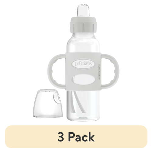 (3 pack) Dr. Brown's Milestones Narrow Sippy Spout Bottle, 100% Silicone Handles, 8oz/250ml, 6m+, BPA Free, Gray