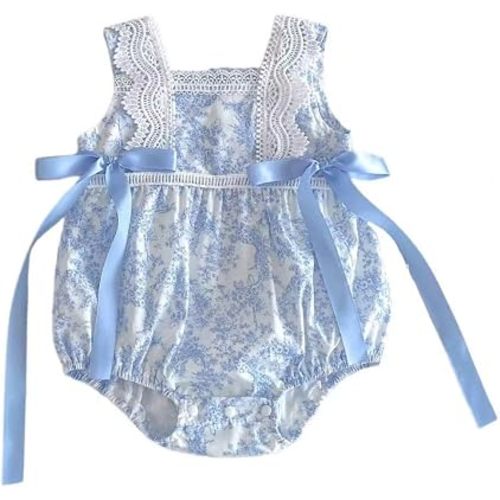 Baby Girl Blue Floral Lace Romper Vintage Sleeveless Bow Bodysuit Infant