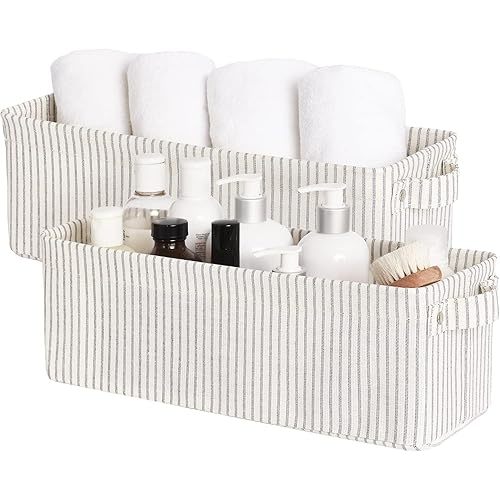 StorageWorks Narrow Storage Bins, Small Baskets for Organizing, Long Storage Basket with Handles, Fabric Storage Bins for Shelf, Gray and White Stripes, 2-Pack