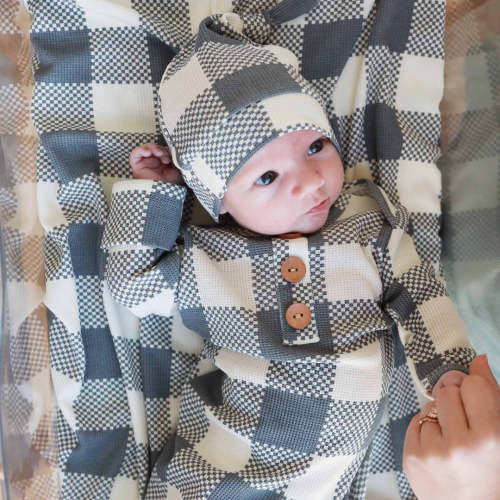 Big Check Bamboo Waffle Newborn Baby Knot Gown & Hat Set | Denim