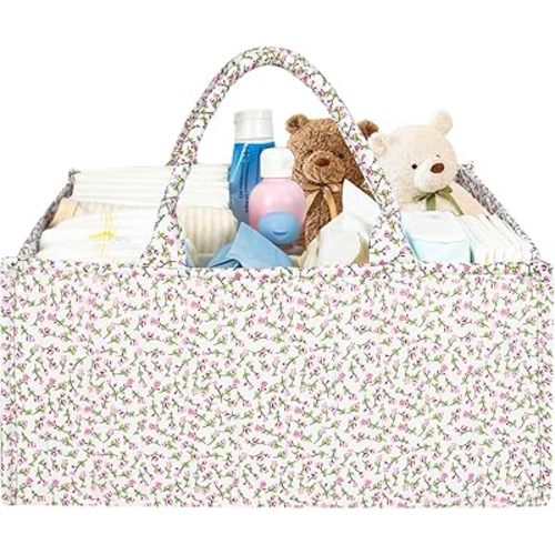 Floral Quilting Diaper Caddy Organizer, Quilted Diaper Bag, Stylish Nursery Storage Basket, Gift for Baby Shower, Diaper Caddy Organizer for Changing Table, Newborn Essentials, Pink Floral