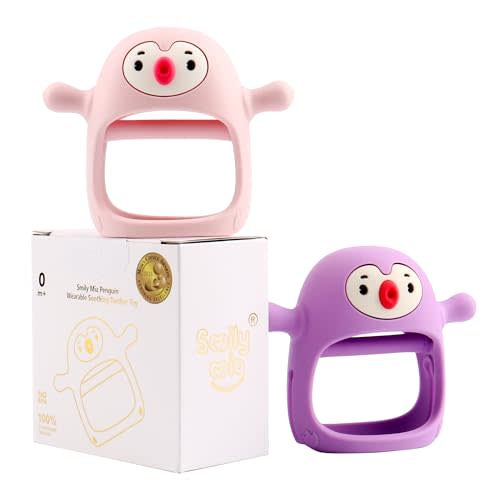 Smily Mia 2pack Baby Teething Toys for Girls, Baby/New Born Essentials for Girls, Silicone Teething Mittens&Baby TeetherToys for 3-6Month,Baby Teether for 0-6Months, Pink&Purple