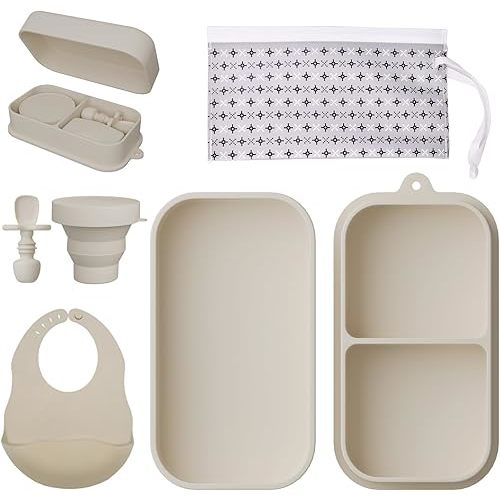 Travel Silicone Baby Feeding Set Portable Toddler Feeding Supplies Toddler Plates and Bowls Set Baby plates with Suction With spoon and cup, bib and waterproof storage bag
