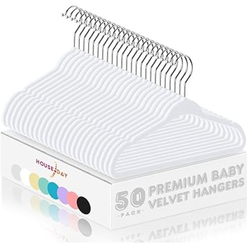 HOUSE DAY Velvet Baby Hangers 50 Pack, Premium Children's Hangers for Baby, Infant & Toddler Clothes, Durable Non Slip Baby Felt Hangers White, 11 Inch Baby Hangers for Closet, Ideal for Everyday Use