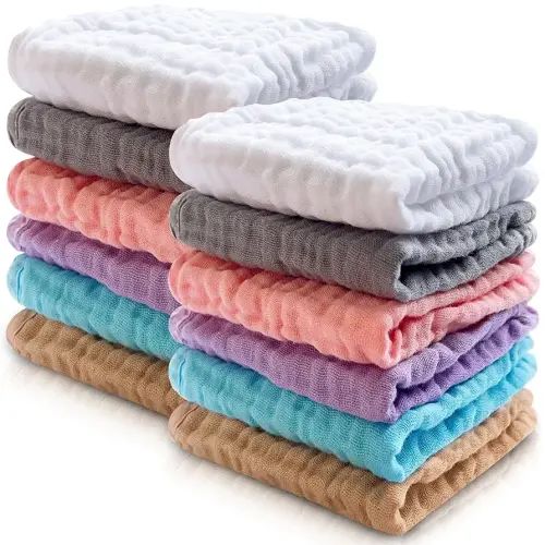 Cute Castle 12 Pack Muslin Baby Washcloths - Large 12'' by 12'' - Ultra Soft 100% Cotton - Super Absorbent Burp Cloths for Unisex, Boy, Girl -Multicolor