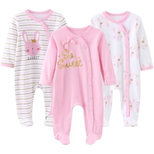 Unisex Baby Boy Girl Footies Rompers Cotton Long Sleeve 3 Pack Infant Jumpsuits 0-12Months Babies' Outfits