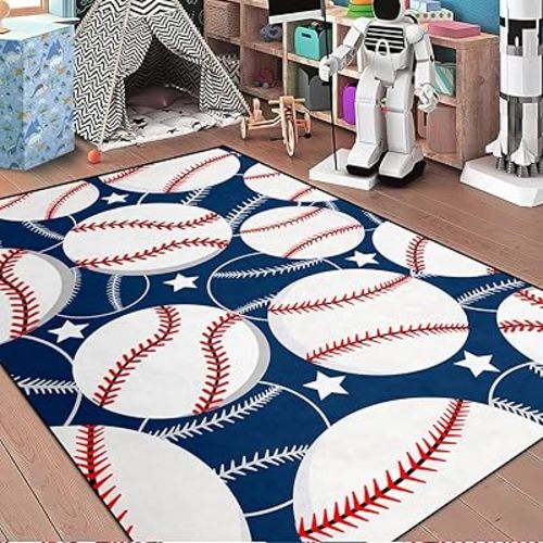 Baseballs Rugs for Boys - Baseball Rug for Room Boy Kids Bedroom Sports Rug Baseball Sports Carpet Floor Mats Kids Room Rugs, 3'×4'