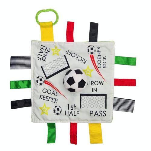 Baby Jack & Co 10x10” Soccer Sports Lovey Sensory Plush Blanket - Tag Toy for Babies - Baby Stroller Toys - Learn Shapes, Letters & Colors - MVP Ball Toy & Sports Gift w/ Stroller Clip World Cup