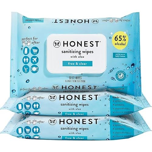 The Honest Company Fragrance Free Sanitizing Alcohol Wipes | Antibacterial + Safe for Hands | Kills 99% of Germs, Made With Aloe | 150 Count (3 Packs of 50)